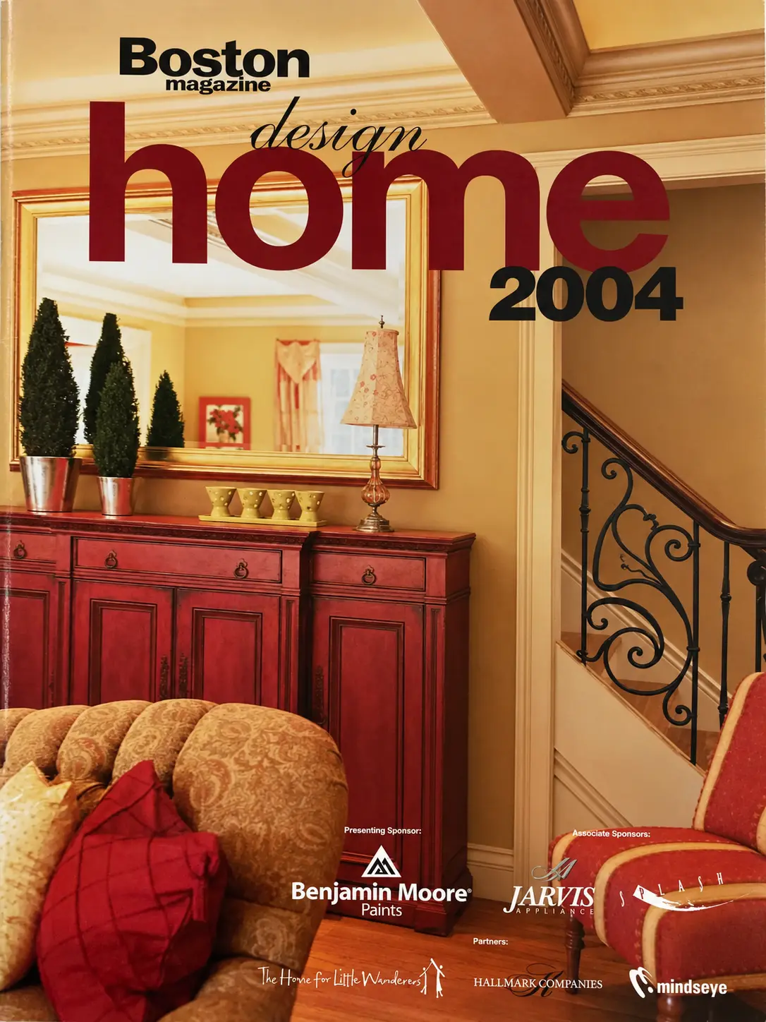 Restored Boston magazine Design Home 2004 booklet cover showing a red sideboard, gold mirror and decorative iron stair railing