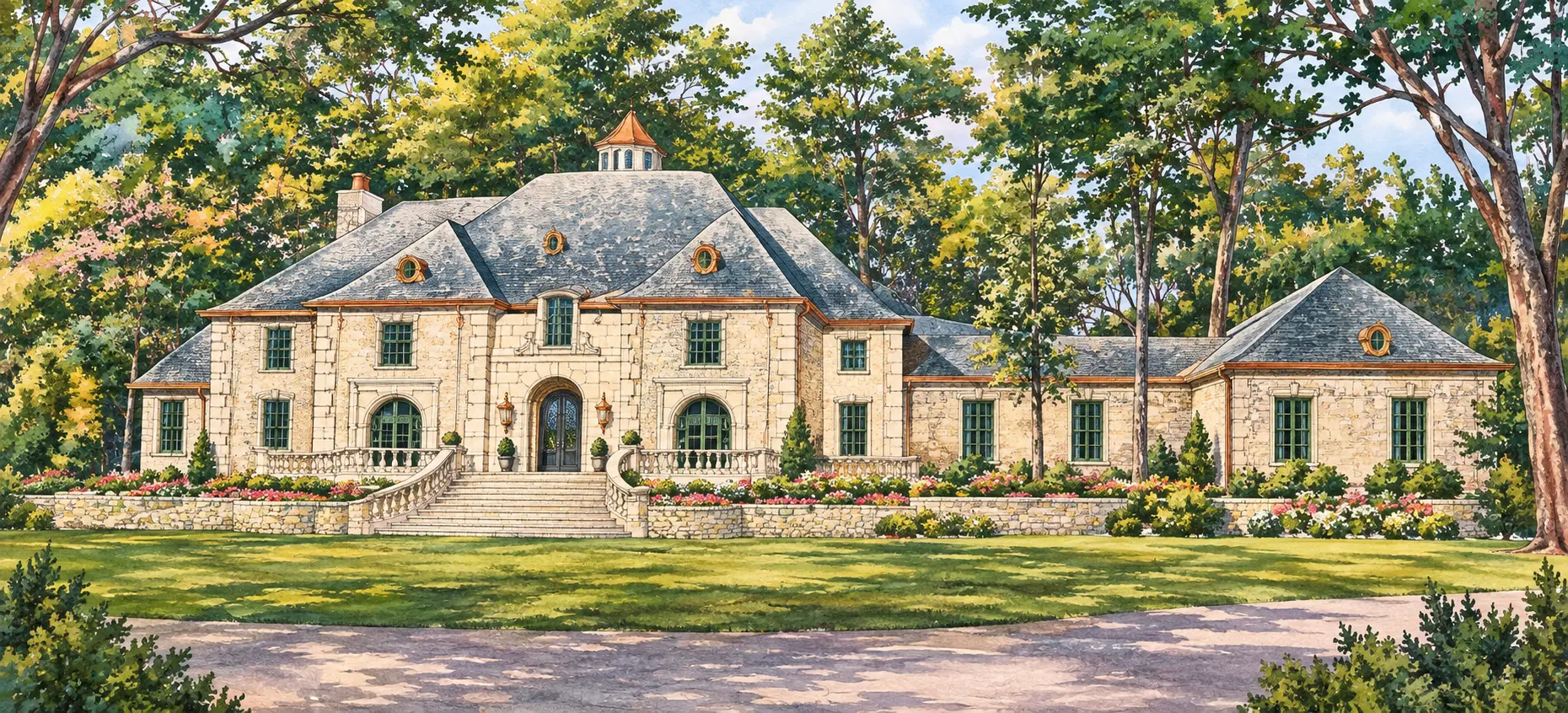 Restored architectural watercolor of the Cranberry Cove home, with stone walls, a slate roof, curved entry steps and a wooded setting