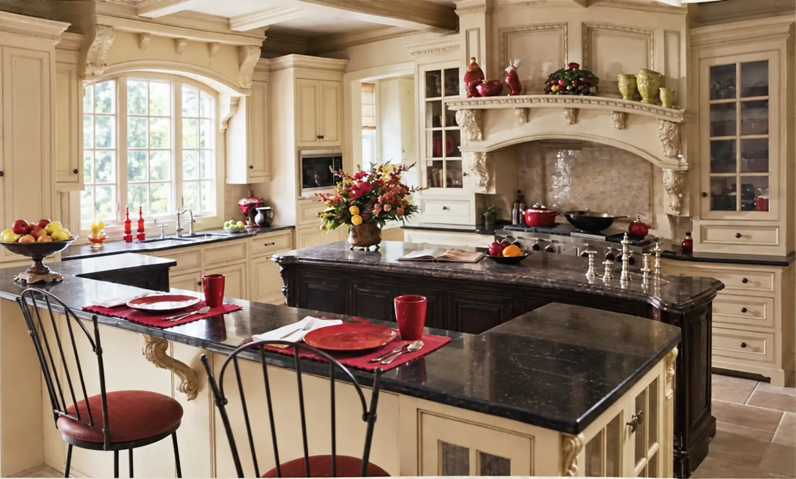 Restored archival kitchen photograph with separate serving and preparation islands, cream cabinetry, an ornate range hood and a beamed ceiling