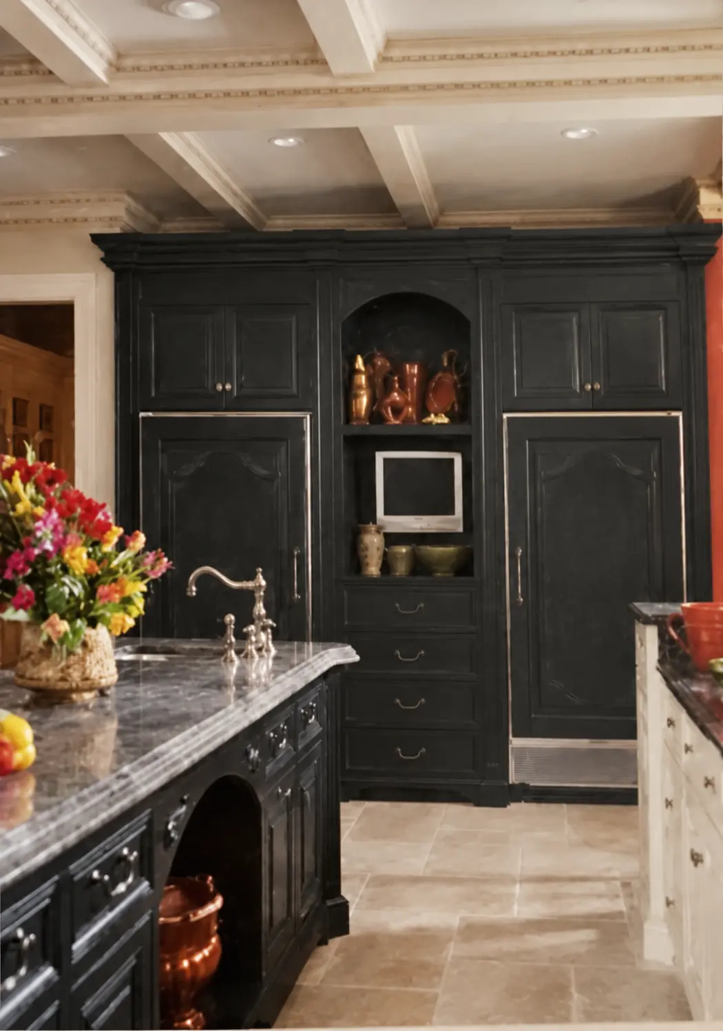 Restored archival photograph of dark paneled refrigerator cabinetry, a preparation island and a coffered ceiling