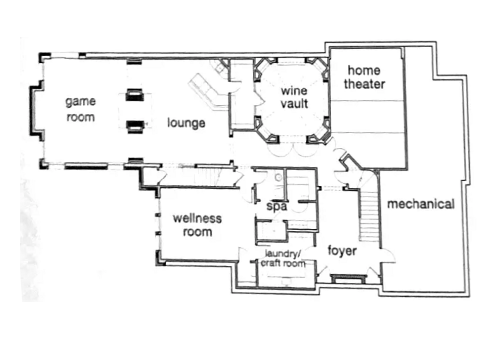 Original published lower-level floor plan showing lounge, theater, wellness and recreation spaces