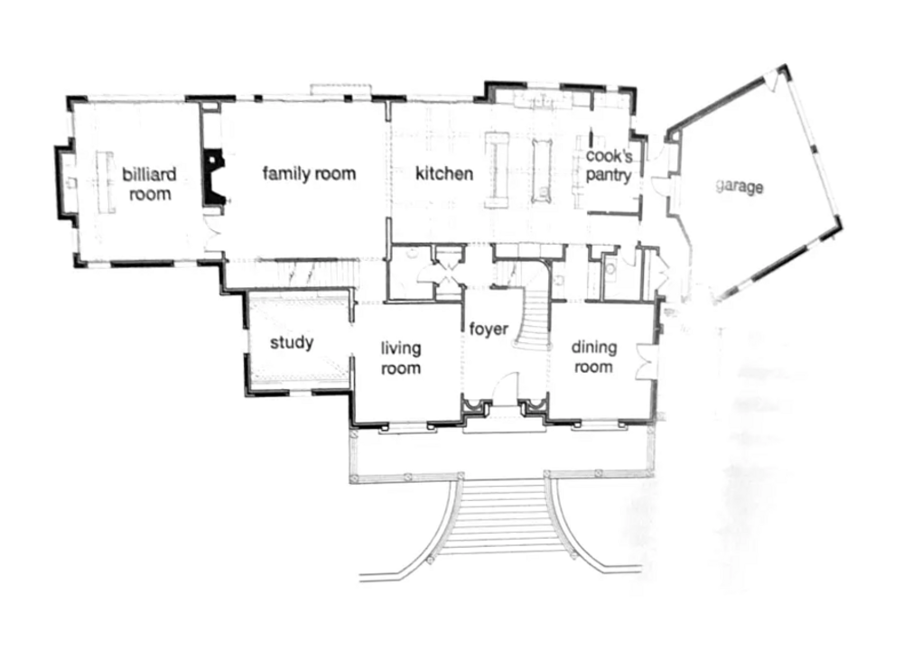 Original published main-level floor plan showing the relationship between gathering rooms, kitchen, porch and garage
