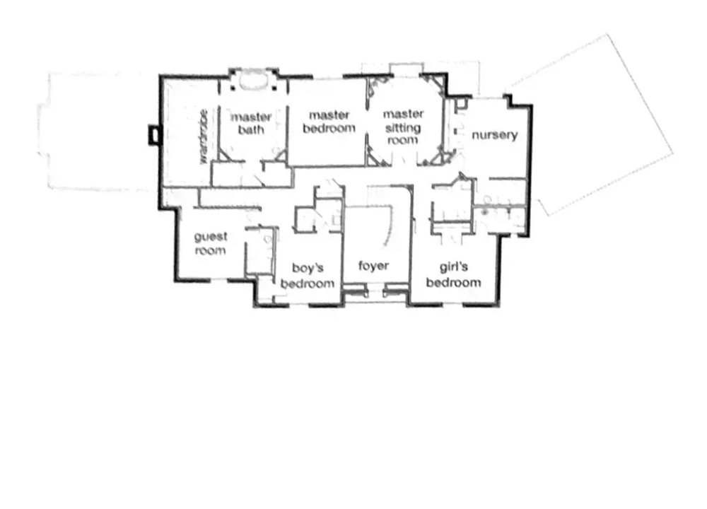 Original published upper-level floor plan showing bedrooms and private living spaces