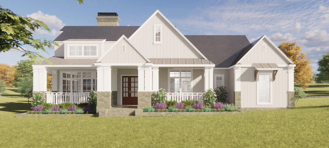 White farmhouse rendering with a generous front porch