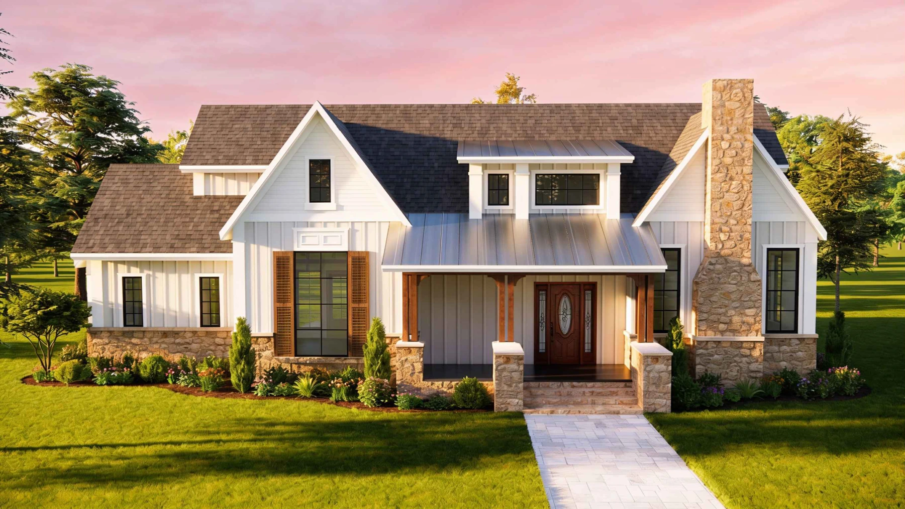 Rendering of a white gabled home with a covered front porch and tall stone chimney