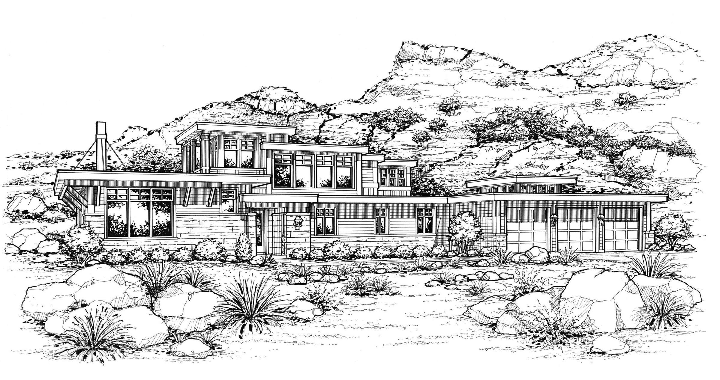 Detailed architectural perspective drawing of a home in a rocky landscape