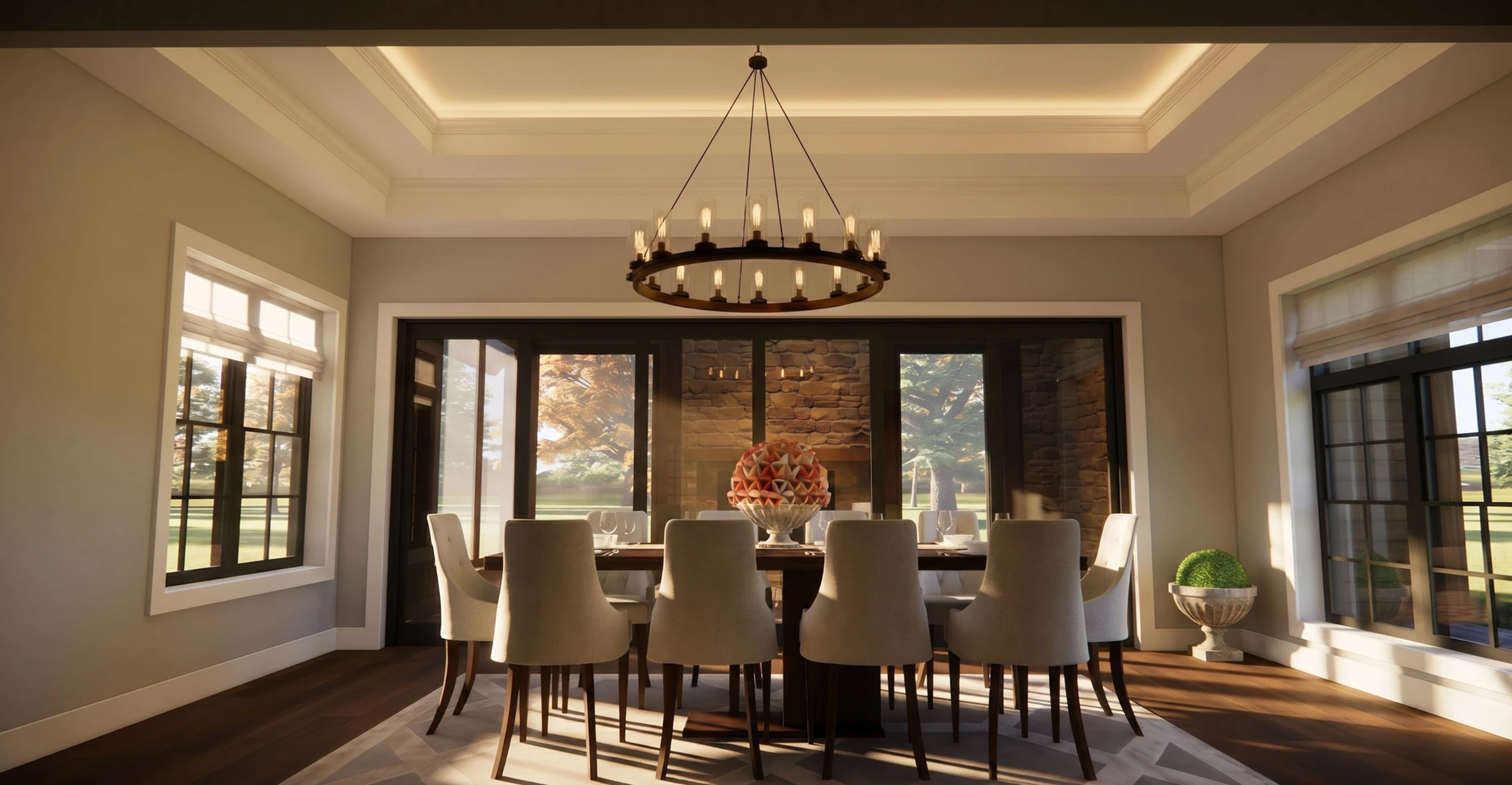 Interior rendering of a dining room opening onto a screened porch