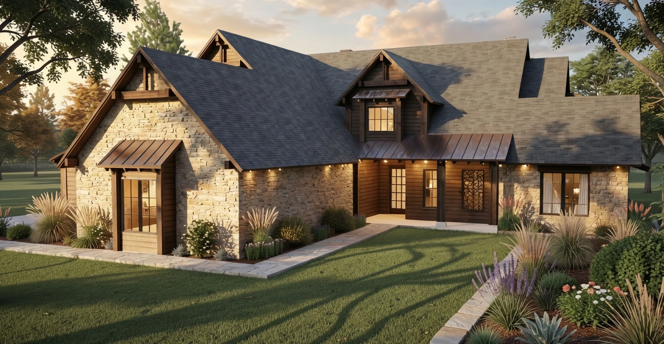 Rendering of a stone and timber home with steep gables